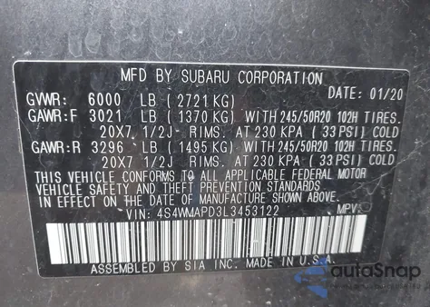 2020 Subaru Ascent Limited z USA, uszkodzony, nr VIN 4S4WMAPD3L3453122